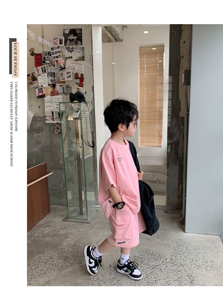 Summer Casual Boys Cotton Loose Alphabet T-shirt Tops+Short Pants Set School Kids Tracksuit Children 2-Piece Outfit Suit 2-14Yrs
