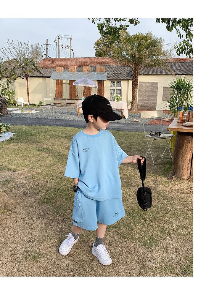 Summer Casual Boys Cotton Loose Alphabet T-shirt Tops+Short Pants Set School Kids Tracksuit Children 2-Piece Outfit Suit 2-14Yrs
