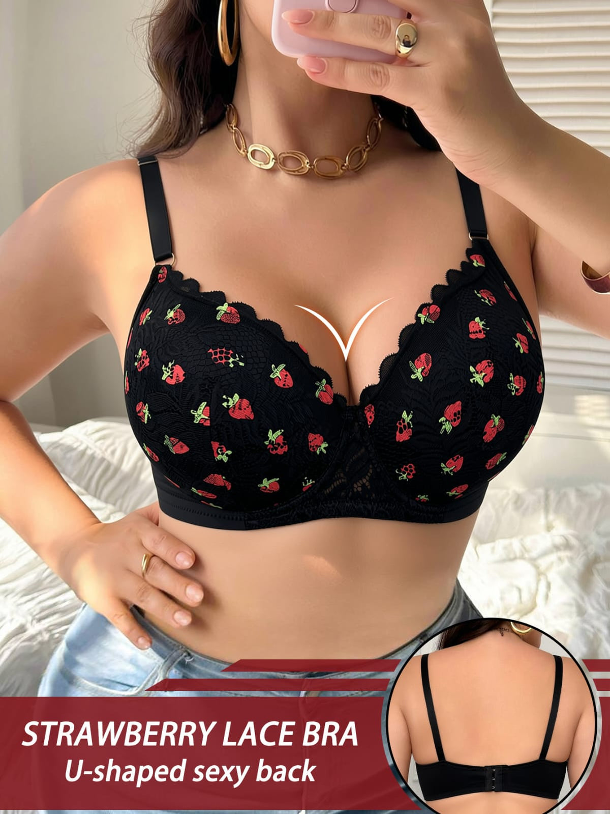 Plus-Size Wireless Push-Up Bra Sweet Strawberry , Anti-Sagging, Soft Support, Comfortable Thin Bra