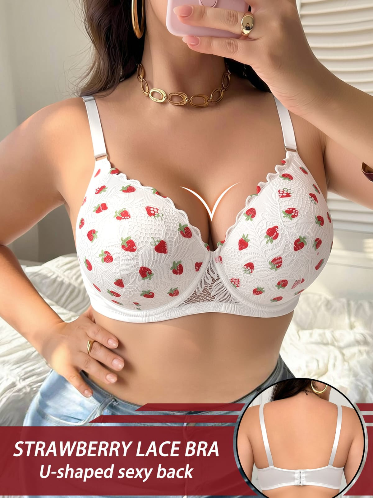 Plus-Size Wireless Push-Up Bra Sweet Strawberry , Anti-Sagging, Soft Support, Comfortable Thin Bra