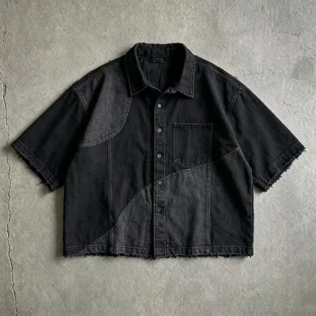 Oversized Denim Shirt Men Short Sleeve Button up Black Patchwork Raw Hem Cotton Custom Streetwear Heavyweight