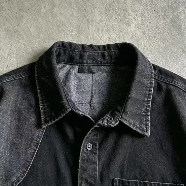 Oversized Denim Shirt Men Short Sleeve Button up Black Patchwork Raw Hem Cotton Custom Streetwear Heavyweight