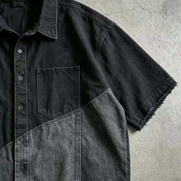 Oversized Denim Shirt Men Short Sleeve Button up Black Patchwork Raw Hem Cotton Custom Streetwear Heavyweight
