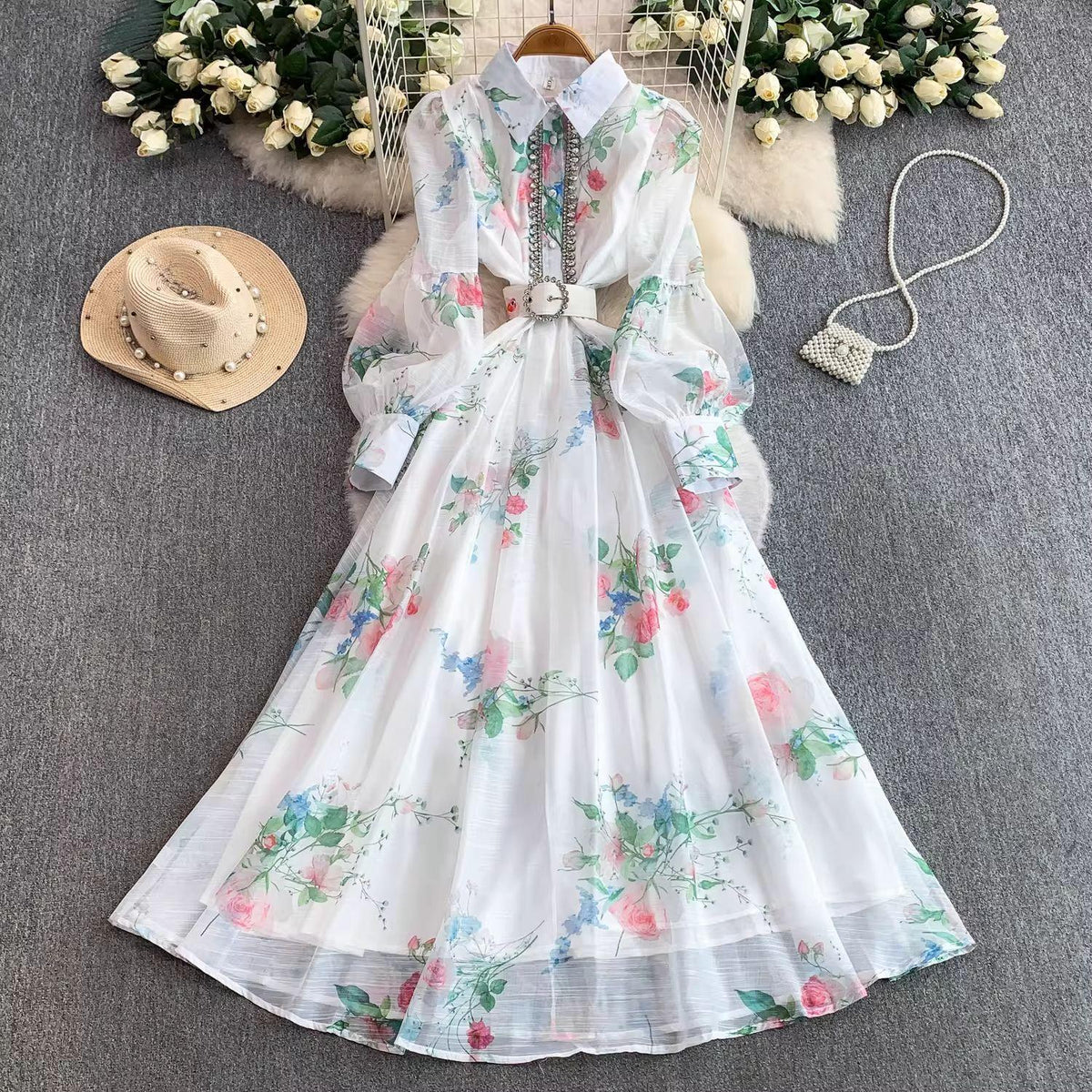 French-Style Elegant and Fashionable Dress with Diamond-Studded Buttons, Printed Lantern Sleeves, Tie-Waist, and Large Flared Skirt for Women, Suitable for Spring and Autumn