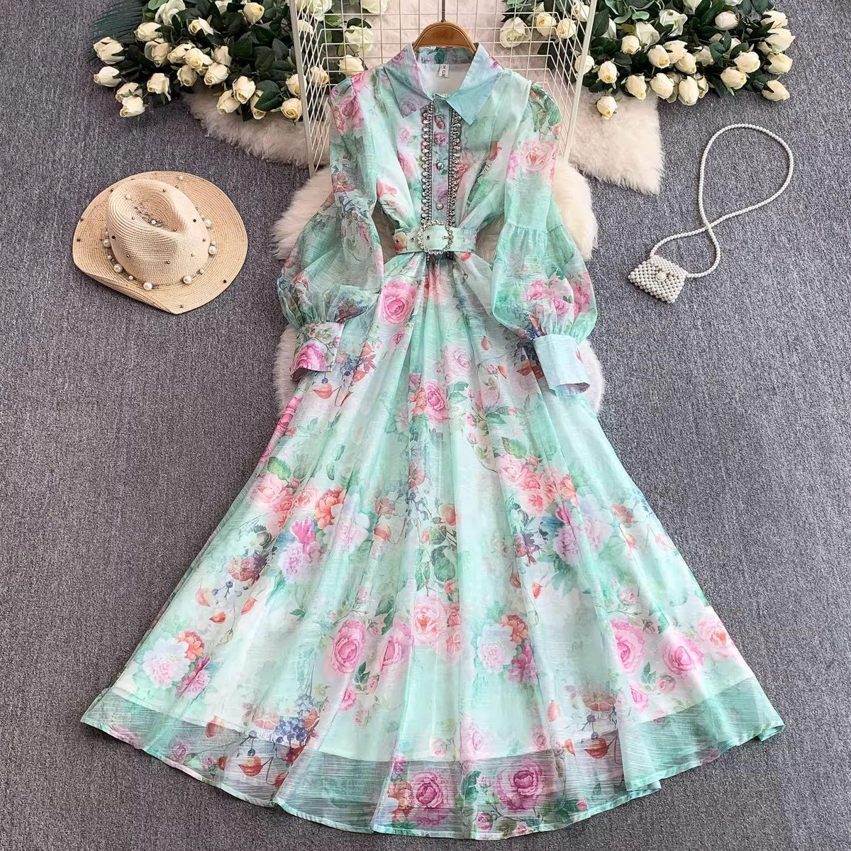 French-Style Elegant and Fashionable Dress with Diamond-Studded Buttons, Printed Lantern Sleeves, Tie-Waist, and Large Flared Skirt for Women, Suitable for Spring and Autumn