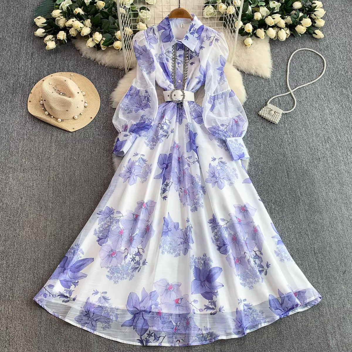 French-Style Elegant and Fashionable Dress with Diamond-Studded Buttons, Printed Lantern Sleeves, Tie-Waist, and Large Flared Skirt for Women, Suitable for Spring and Autumn