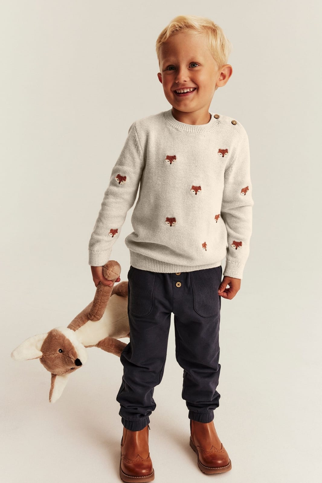 Organic Cotton Baby & Kids beige knitted fox jumper (1-6 Years)Available
