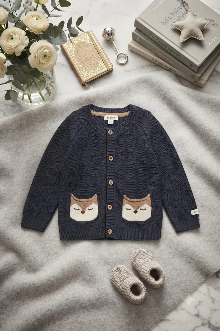 Knitted cardigan with fox motif (0-1 years )Available