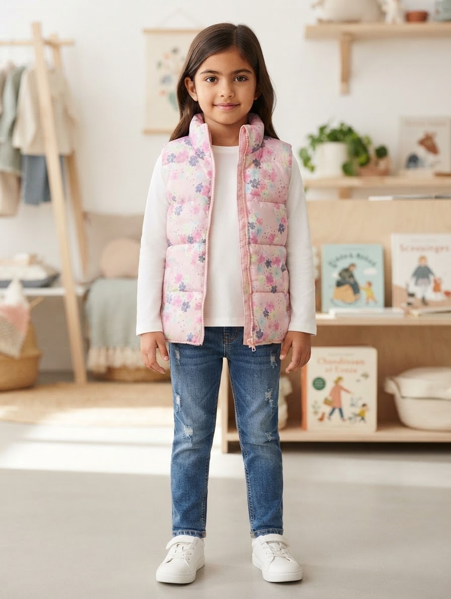Girls' quilted vest with waterproof pattern 6/7Years Available in stock