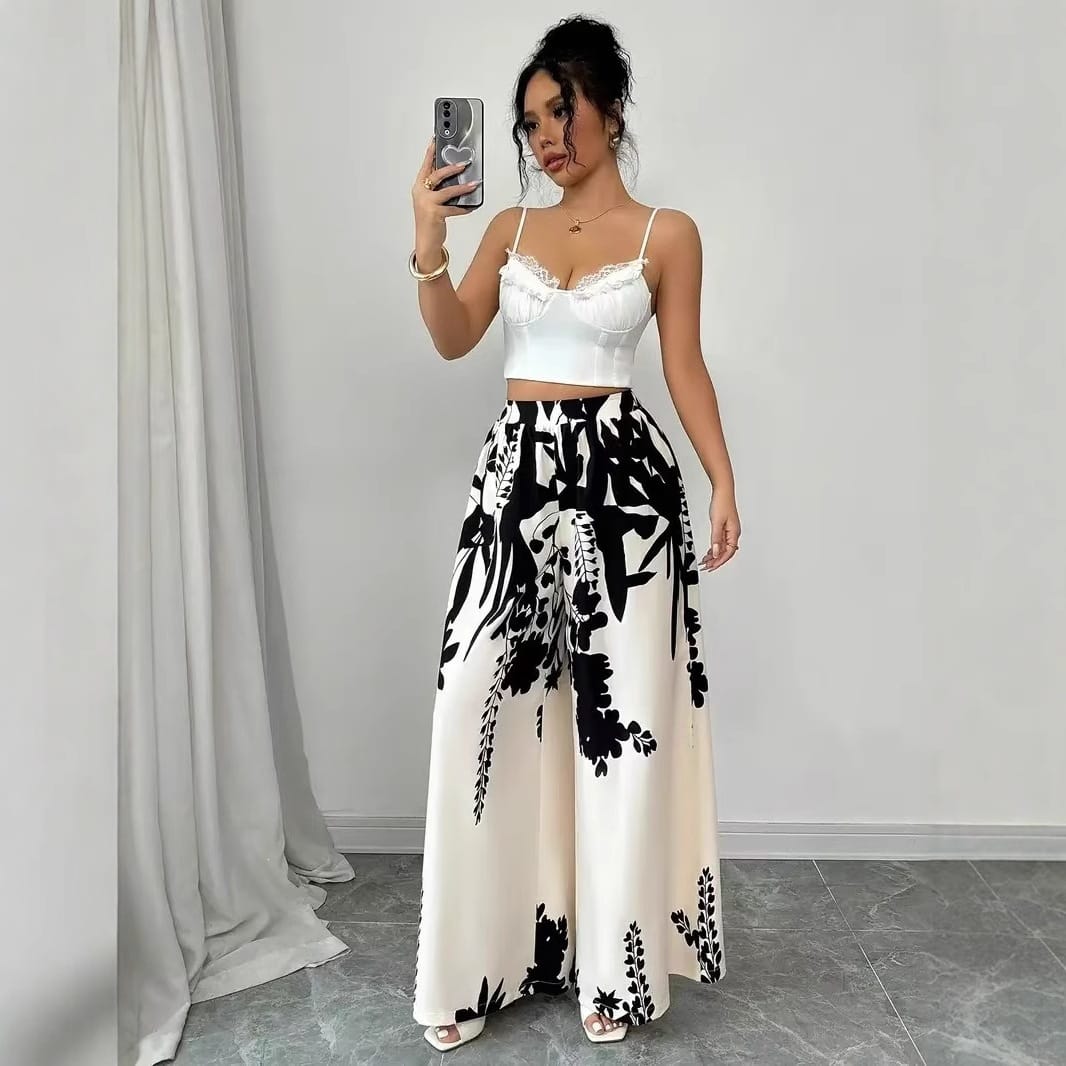China Imported Women's fashion printed, lace-up, waist-cinching, slim-fit casual trousers for women Plzzo available in stock