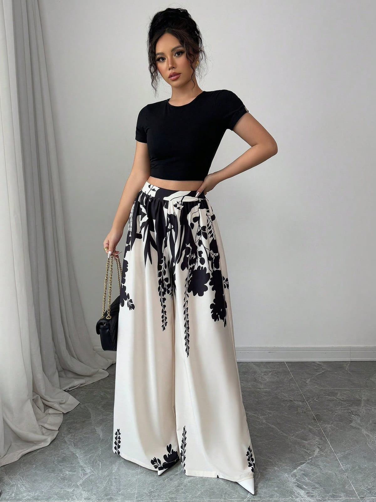 China Imported Women's fashion printed, lace-up, waist-cinching, slim-fit casual trousers for women Plzzo available in stock