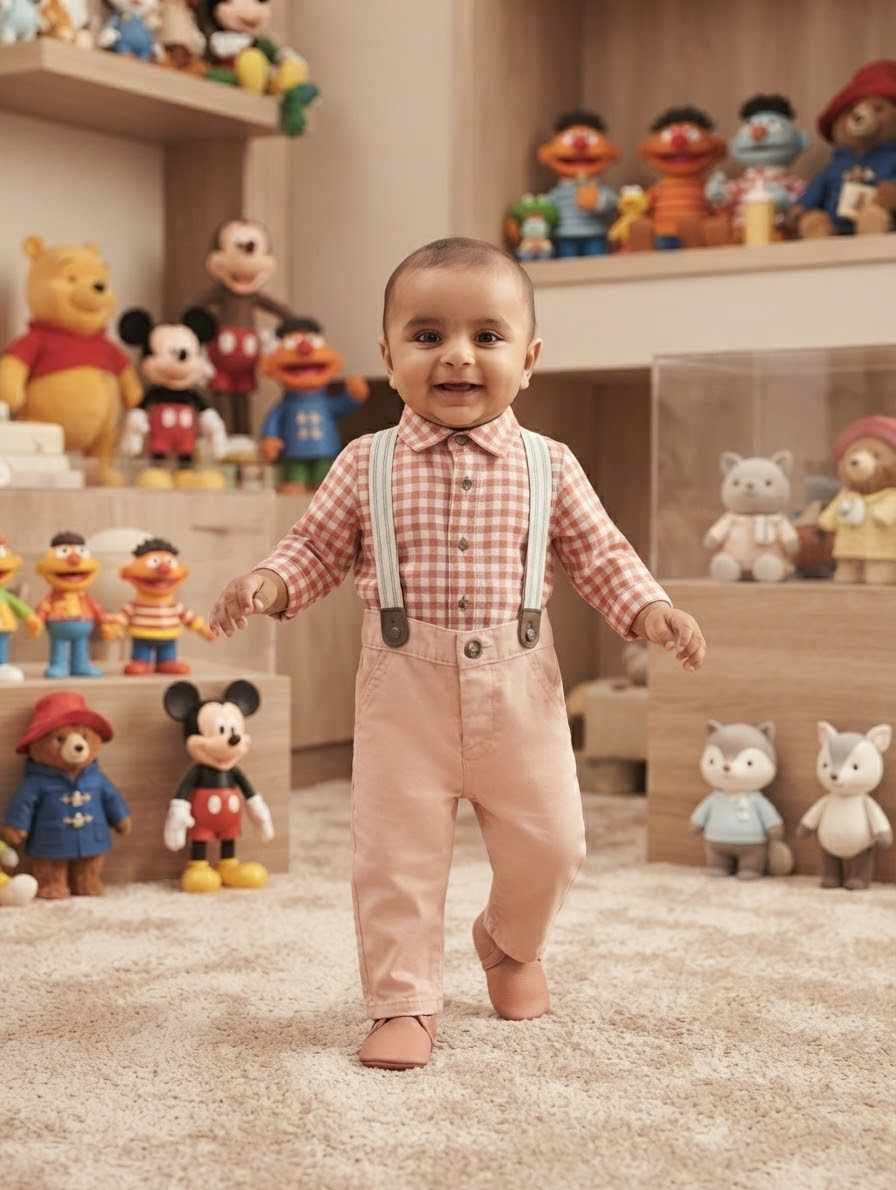 0-6 Month Baby Boys' Checkered Shirt &amp; Denim Suspender Pants Set-  Available in stock