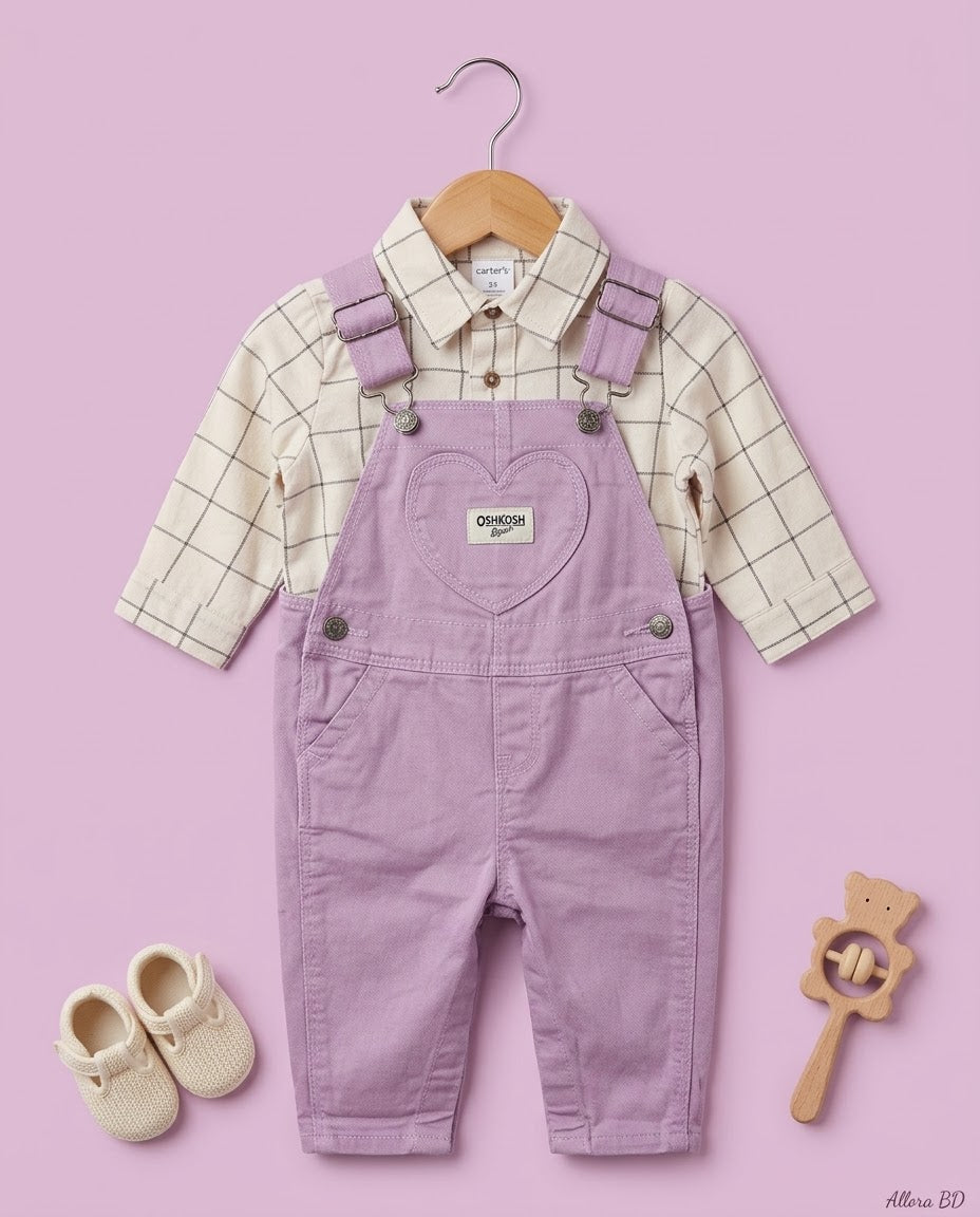 3-6 Month Baby Boys' Girls Checkered Shirt & Denim Suspender Pants Set-  Available in stock