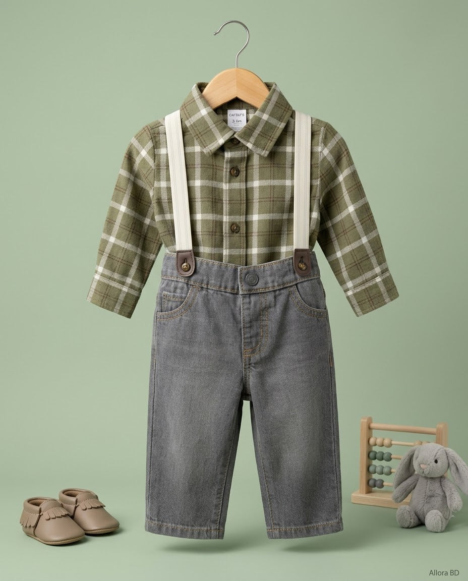 3-6 Month Baby Boys' Checkered Shirt & Denim Suspender Pants Set-  Available in stock