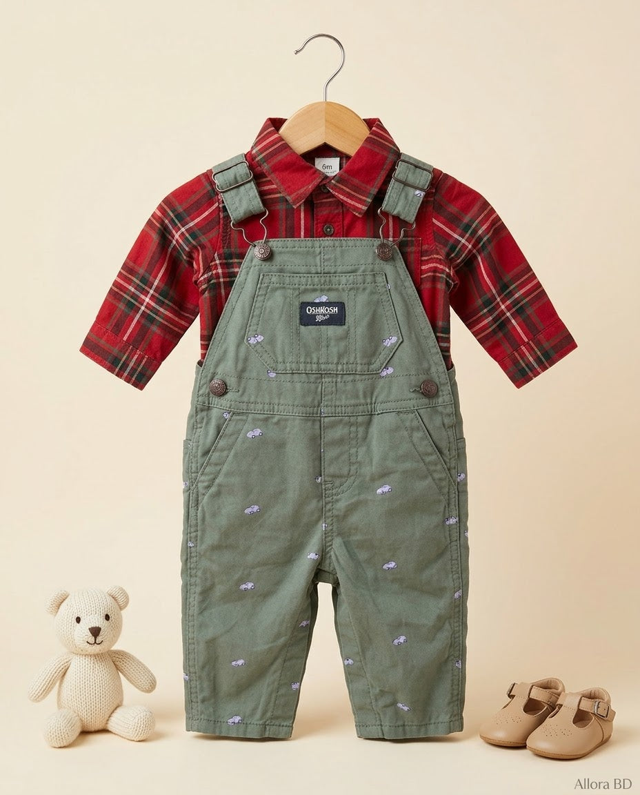 0-6 Month Baby Boys' Checkered Shirt & Denim Suspender Pants Set-  Available in stock