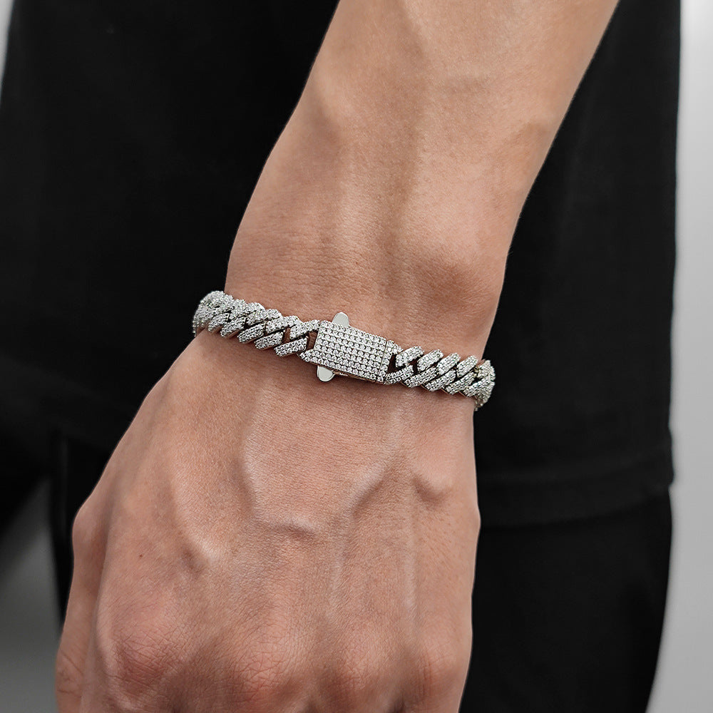 Hip Hop 8mm Spring Fastener Zircon Rhombus Cuban Bracelet