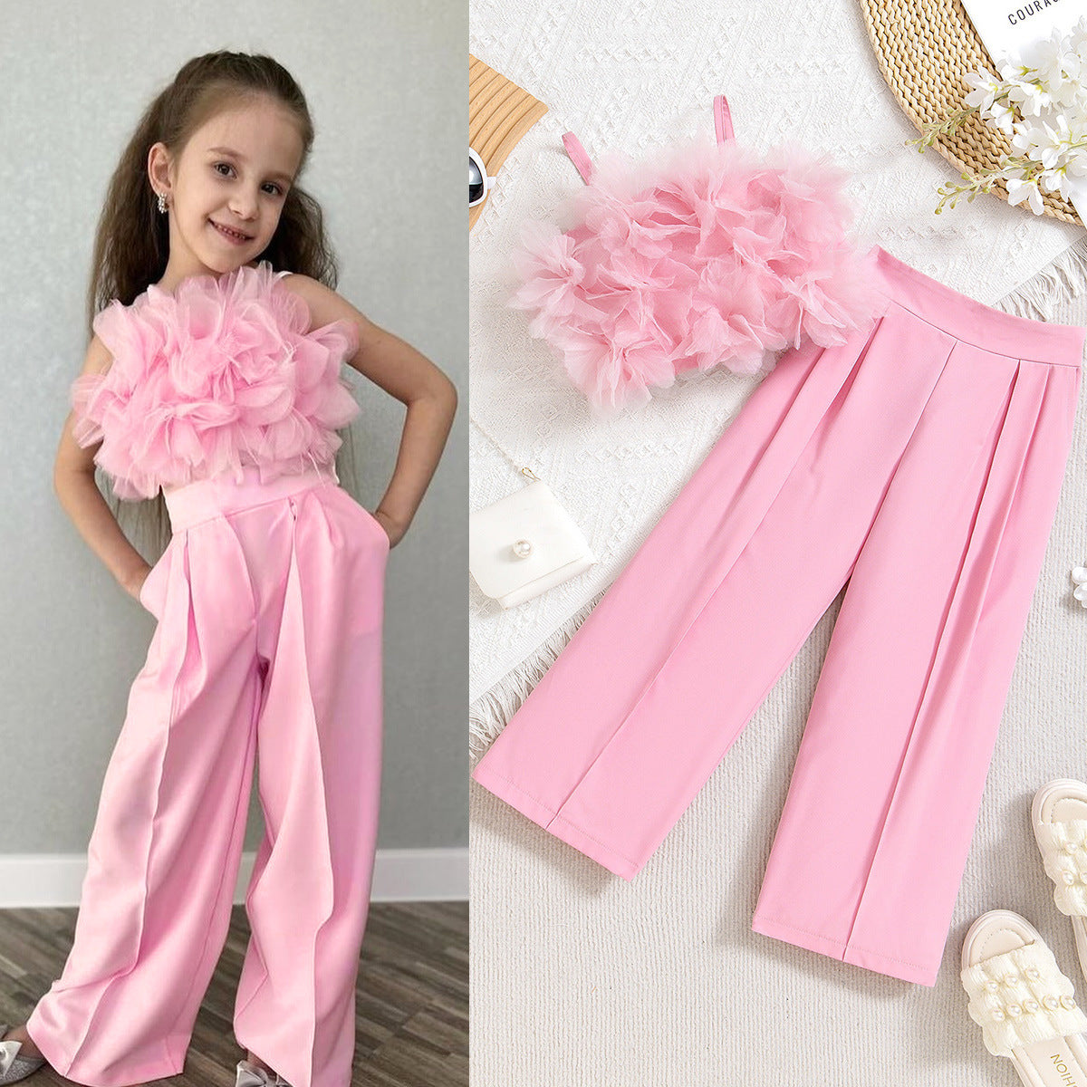 Mesh Three-dimensional Flower Sling Top Slim Fit Suit Pants Suit