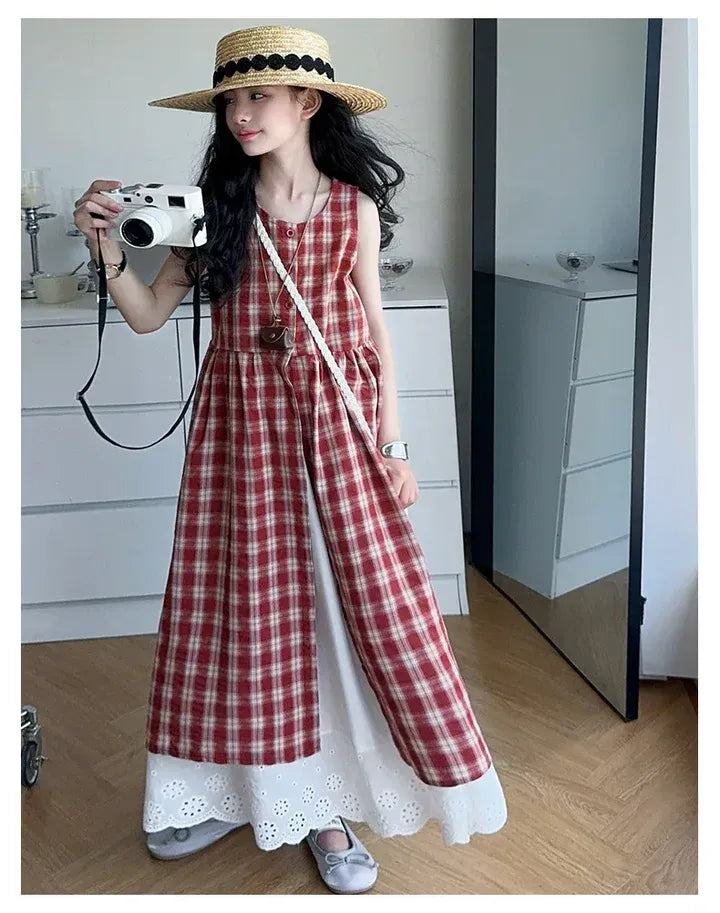 Summer Girls Retro Red Plaid Vest Dress 2-Piece Set Thin French Style Strappy Sundress Casual Vacation Outfit Teen Kids Clothes
