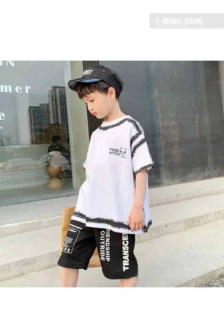 Summer Casual Boys Cotton Contrast Alphabet Graffiti t-Shirt Top+Shorts Pant Set School Kids Tracksuit Child 2PCS Outfit 5-14 Yr