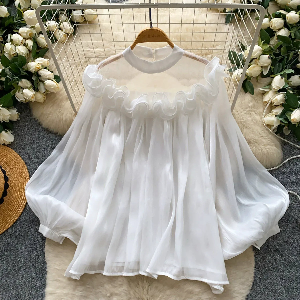 Korean style commuter-appropriate, skin-friendly, breathable ruffled blouse, women's summer long-sleeved mesh loose pink girly top