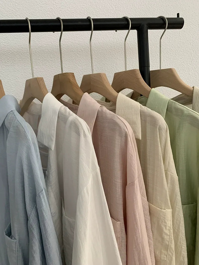 Summer thin lapel long sleeve solid color loose shirt