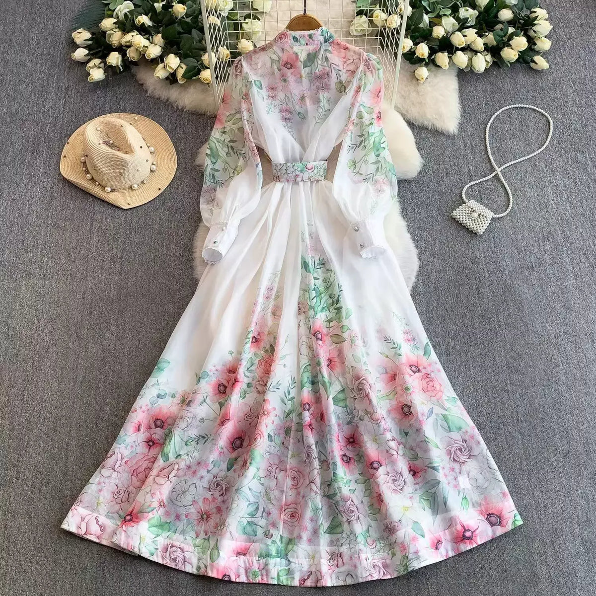 French-style resort sweet lace-trimmed stand-up collar long-sleeved dress