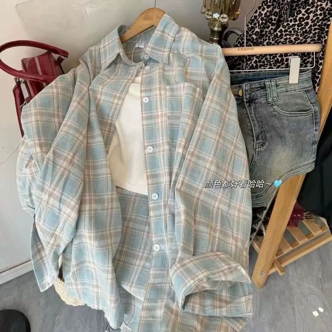 American Plaid Loose Shirt Lazy Casual Loose Long Shirt Long Sleeve Coat Tops