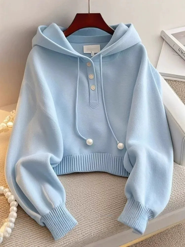 Unique and Chic Blue Hooded Drawstring Knit Sweatshirt, Autumn Korean Style, Lazy Fashion, Stylish and Comfortable Base Shirt