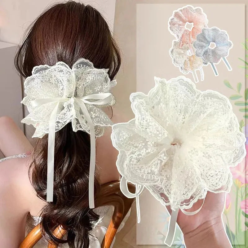 Lace Scrunchies for Women Elastic Hair Bands Ponytail Holders Tie Solid Color Hair Hoop Scrunchy Rubber Bands Women Hair Ring
