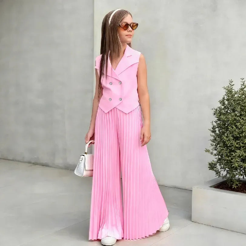Little Girls 2-Pieces Western-Style Outfit for Girls: Sleeveless Blazer Top+Wide-Leg Pleated Pants