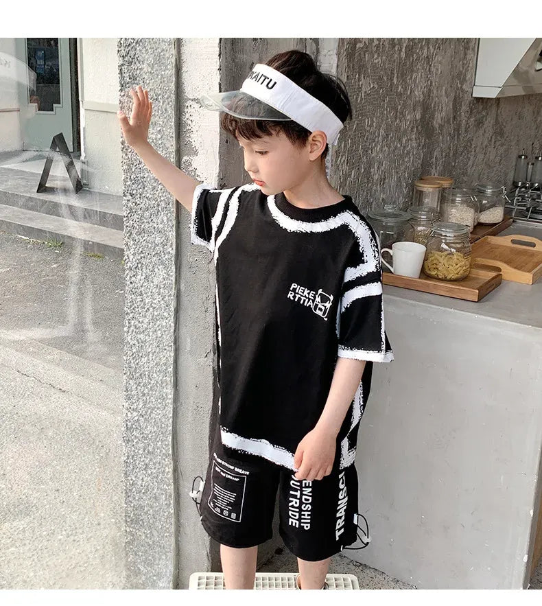 Summer Casual Boys Cotton Contrast Alphabet Graffiti t-Shirt Top+Shorts Pant Set School Kids Tracksuit Child 2PCS Outfit 5-14 Yr
