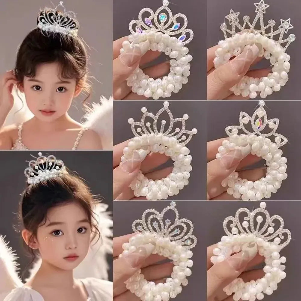 Fashion Pearl Crown Princess Cute Kids Hair Bands Elastic Rubber Bands