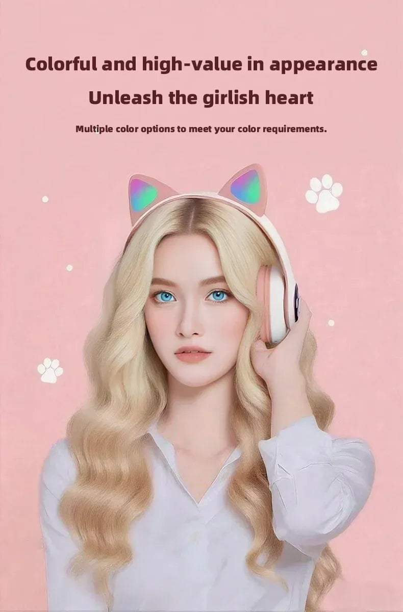 Wireless Headphone Flash Light Cute Cat Bluetooth with Mic Control LED Stereo Music Helmet Phone Bluetooth Headset Gift