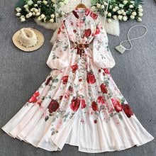 European and American court style retro print stand collar lantern sleeve dress women's spring and autumn button-down waist fitted long skirt elegant long dress