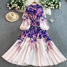 European and American court style retro print stand collar lantern sleeve dress women's spring and autumn button-down waist fitted long skirt elegant long dress