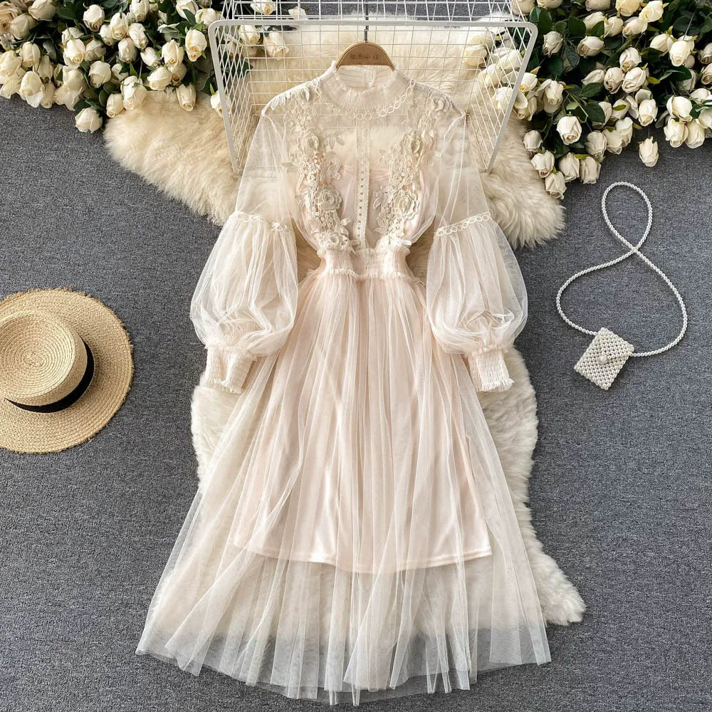Lace floral mesh dress, elegant stand collar, lantern sleeves
