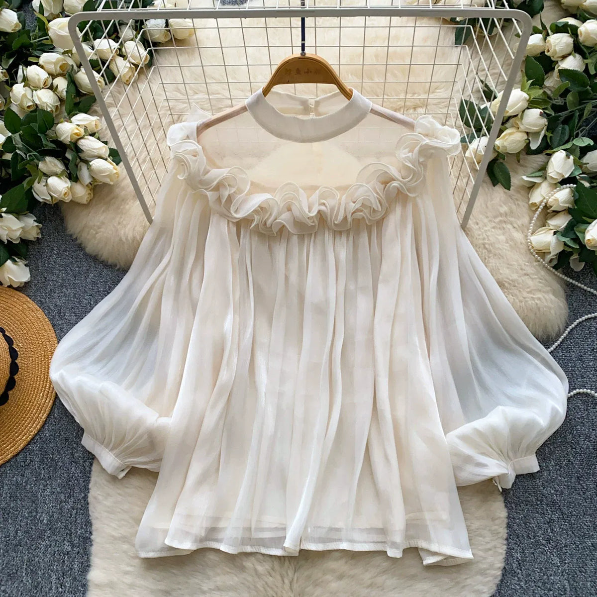 Korean style commuter-appropriate, skin-friendly, breathable ruffled blouse, women's summer long-sleeved mesh loose pink girly top