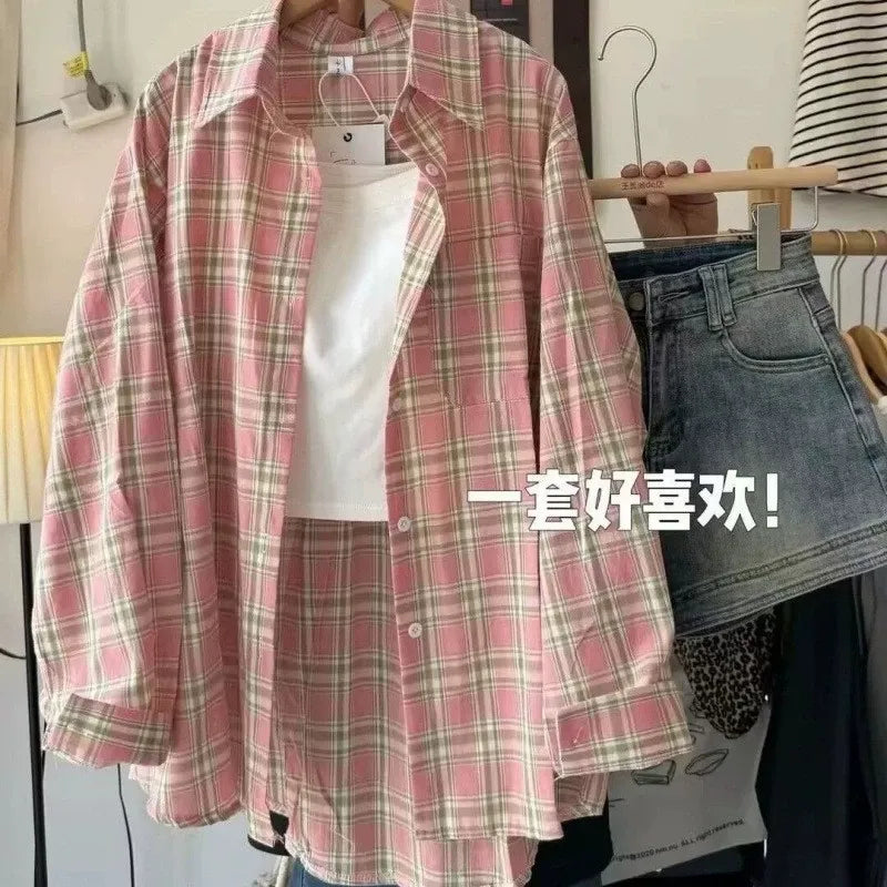 American Plaid Loose Shirt Lazy Casual Loose Long Shirt Long Sleeve Coat Tops