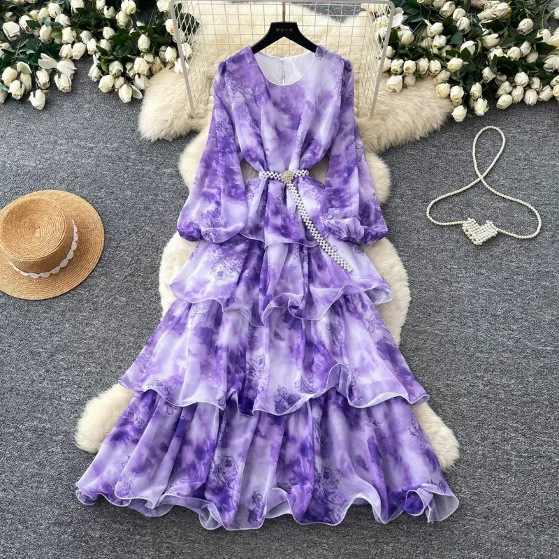 French romantic style purple floral spring print dress for women