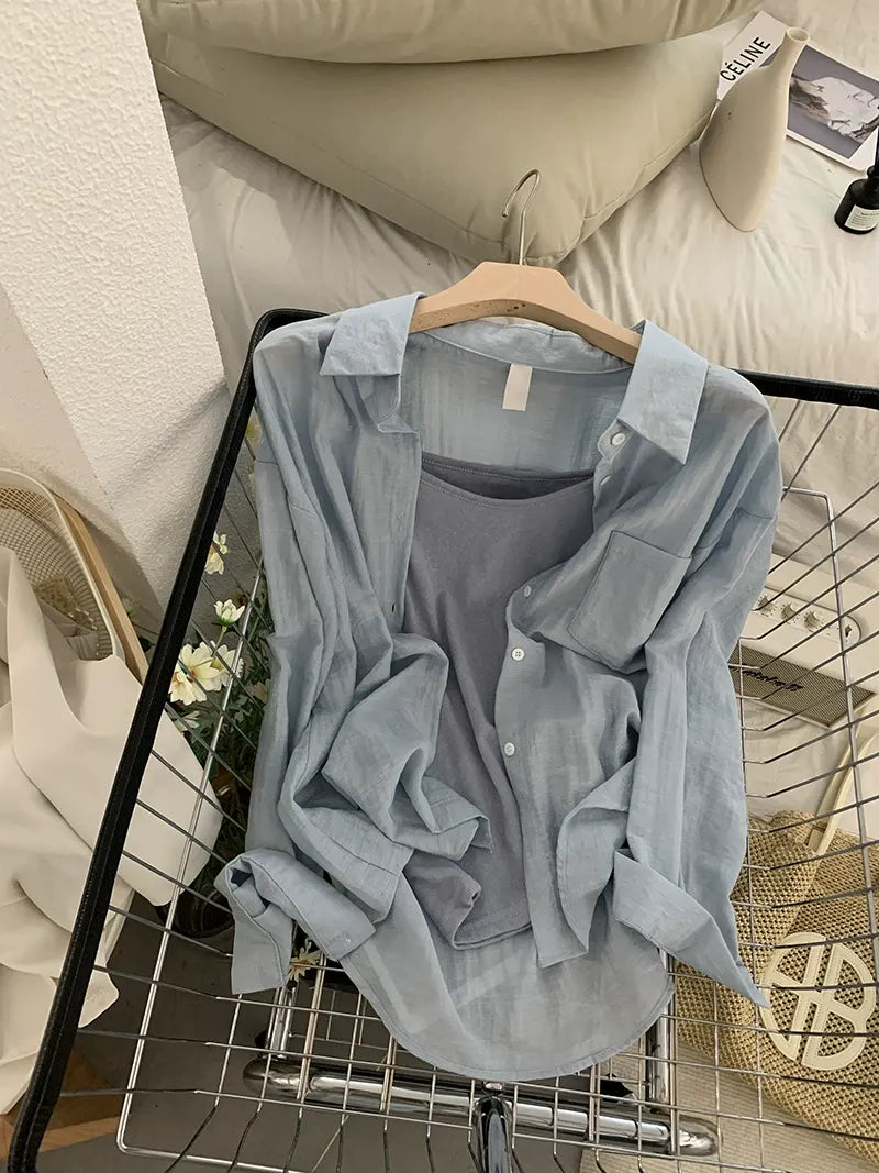 Summer thin lapel long sleeve solid color loose shirt