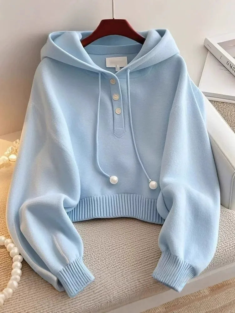 Unique and Chic Blue Hooded Drawstring Knit Sweatshirt, Autumn Korean Style, Lazy Fashion, Stylish and Comfortable Base Shirt