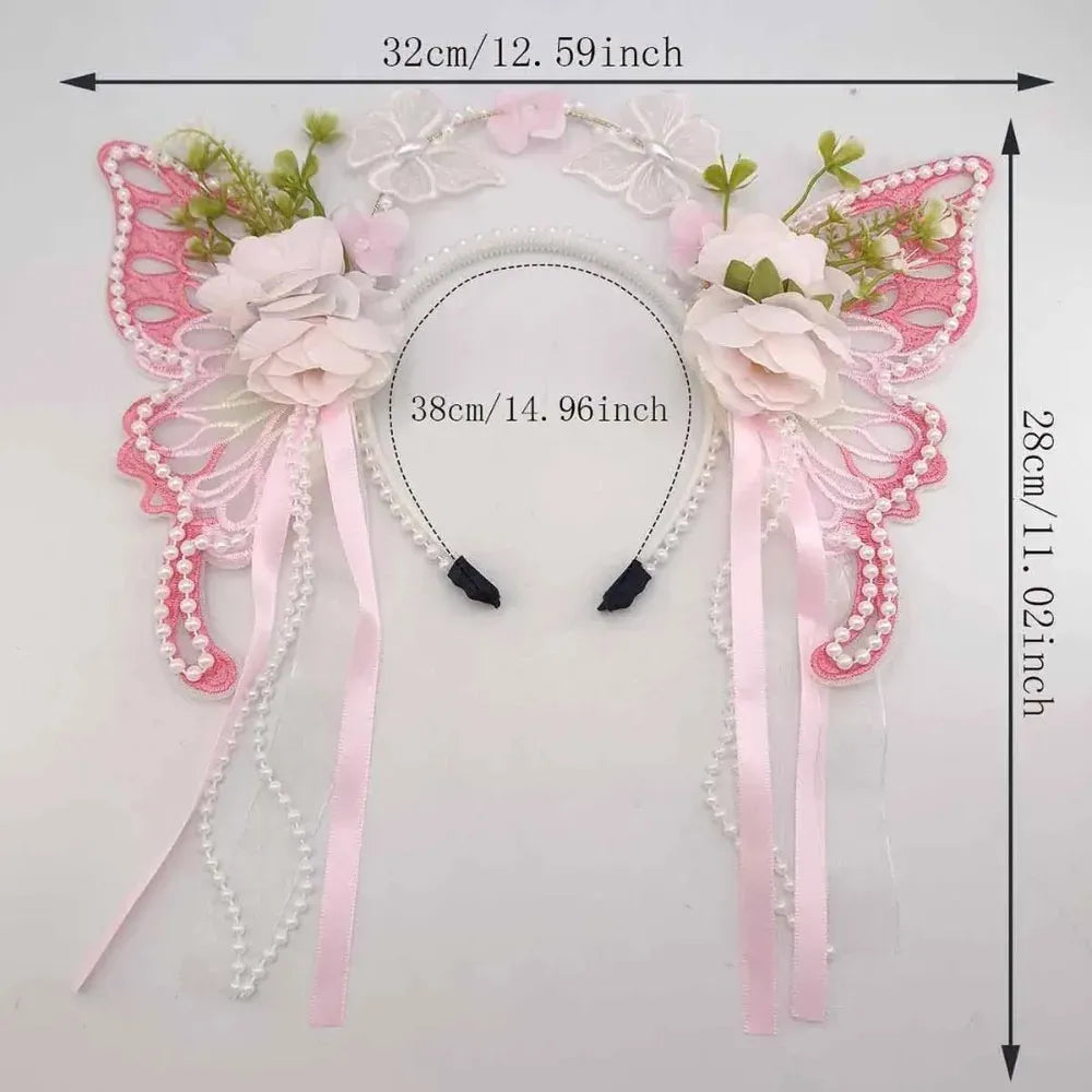 Fresh Sweet Butterfly Flowers Hairband Pearl Beads Silk Ribbon Floral Headwear Fairy Hair Jewelry Decorative Headwear Women Wear