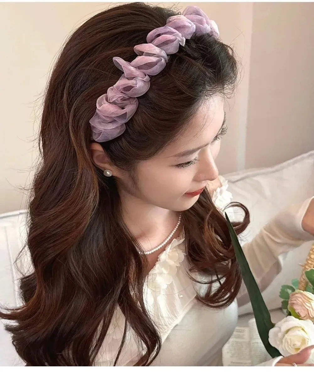Fashion Lace Mesh Hairband Pleated U Shape Hair Comb Toothed High Cranium Hair Hoop for Women Girls