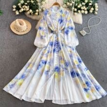 European and American court style retro print stand collar lantern sleeve dress women's spring and autumn button-down waist fitted long skirt elegant long dress