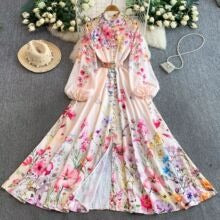 European and American court style retro print stand collar lantern sleeve dress women's spring and autumn button-down waist fitted long skirt elegant long dress
