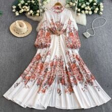 European and American court style retro print stand collar lantern sleeve dress women's spring and autumn button-down waist fitted long skirt elegant long dress