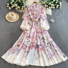 European and American court style retro print stand collar lantern sleeve dress women's spring and autumn button-down waist fitted long skirt elegant long dress