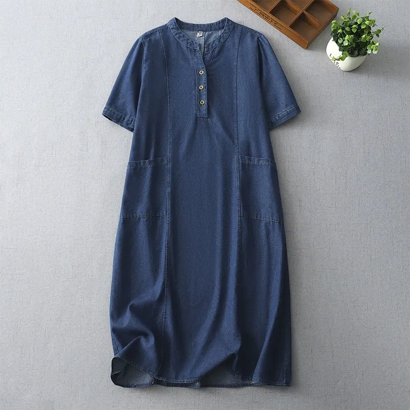 New Korean Retro Denim Loose Plus Size Relaxed Chic and Youthful Lapel Slit Workwear Dress