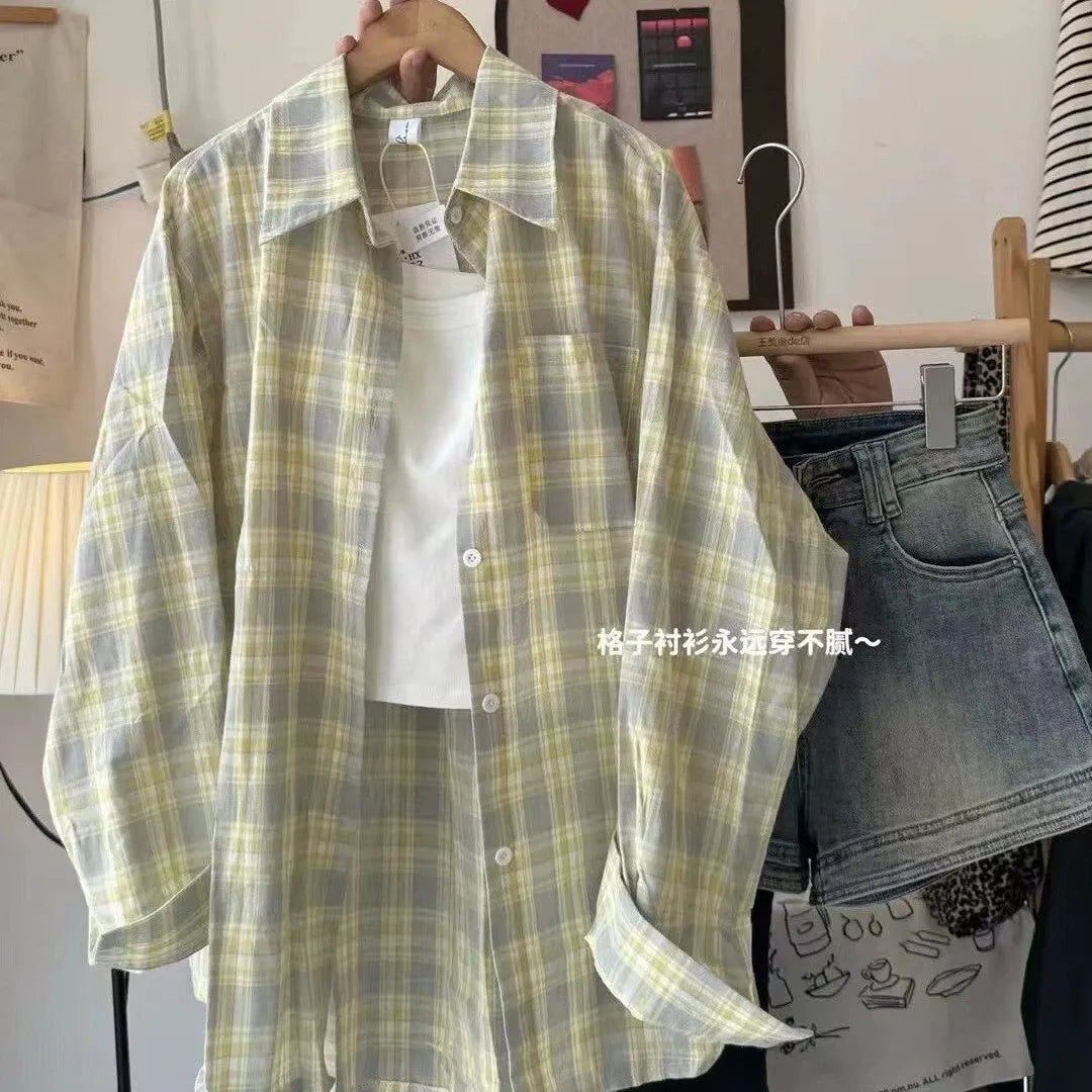 American Plaid Loose Shirt Lazy Casual Loose Long Shirt Long Sleeve Coat Tops