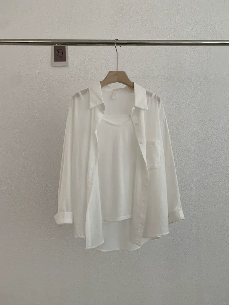Summer thin lapel long sleeve solid color loose shirt